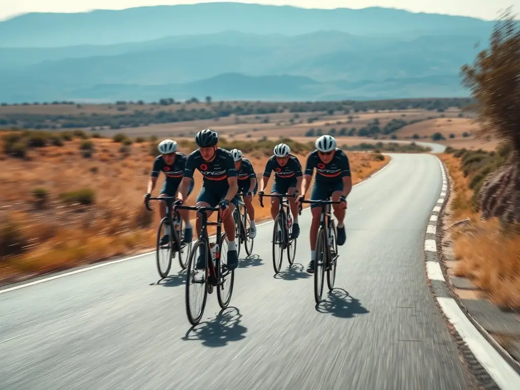 A dynamic image of cyclists participating in a road cycling race, showcasing speed, teamwork, and the thrill of competition.
