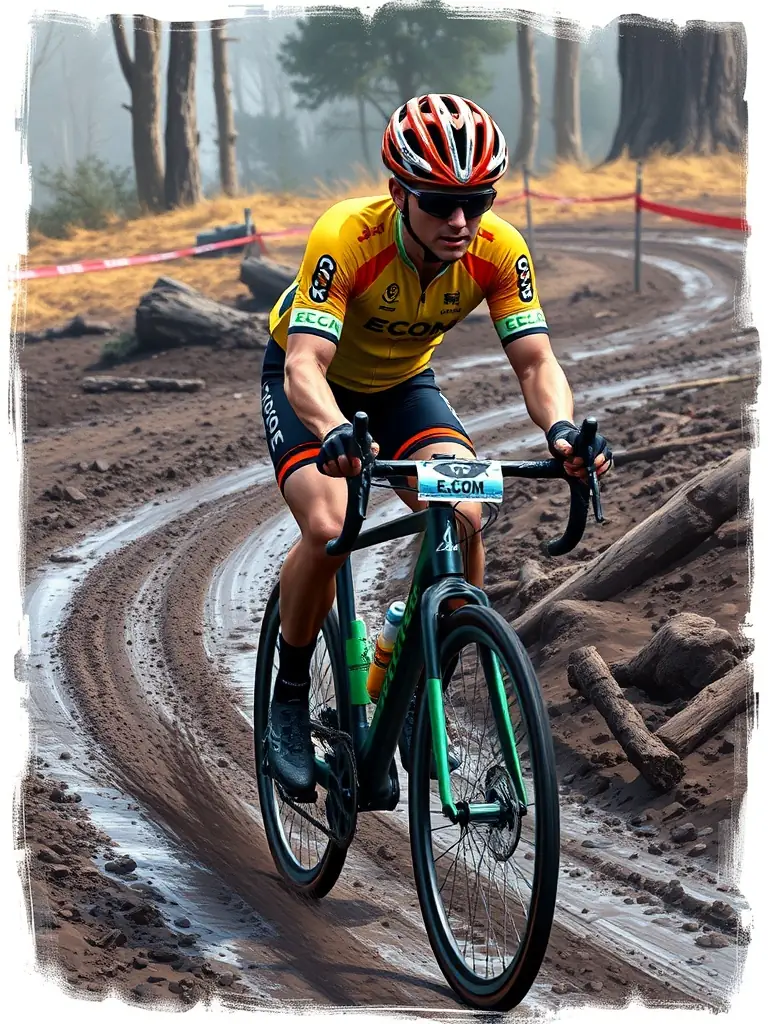 A cyclist navigating a muddy course during a cyclo-cross event, highlighting the technical skills and challenging terrain involved, with the E.C.O.M. logo visible.