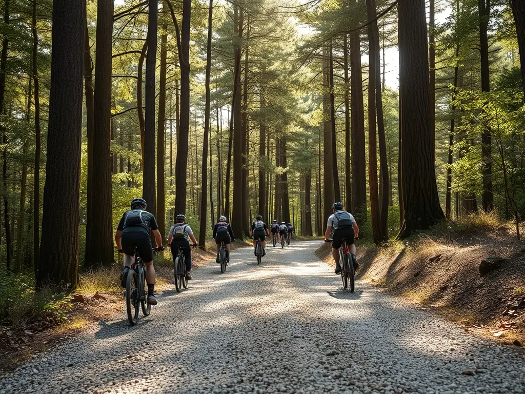 A scenic image of cyclists riding on a gravel path through a forest, emphasizing the beauty of nature and the freedom of gravel riding.