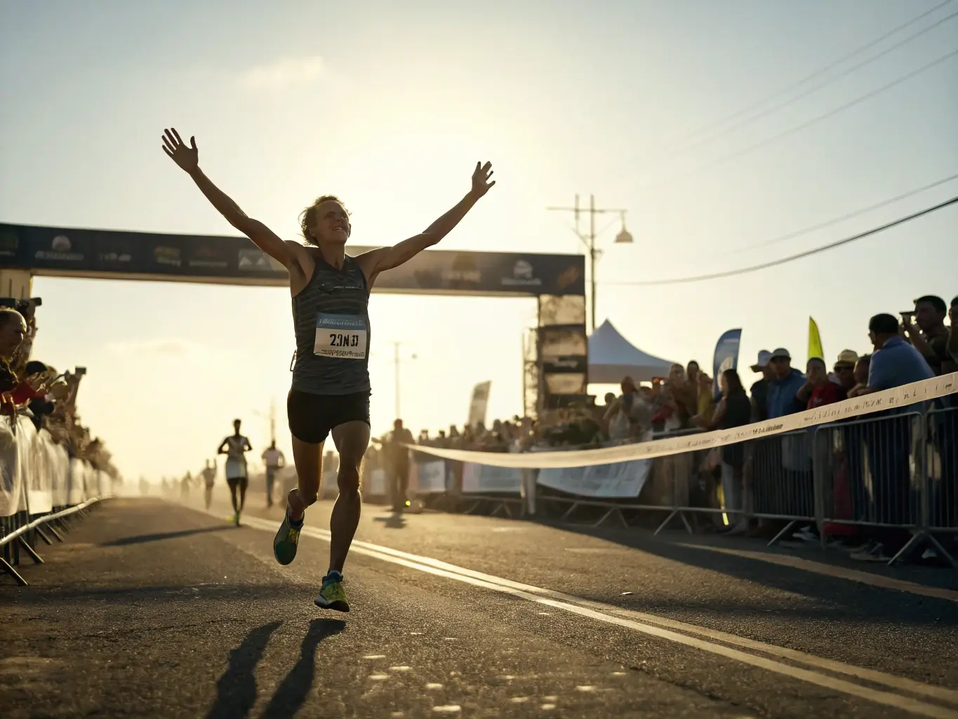 A cyclist triumphantly crossing a finish line at a cyclo-cross race, symbolizing personal achievement and the opportunity for skill development with E.C.O.M.