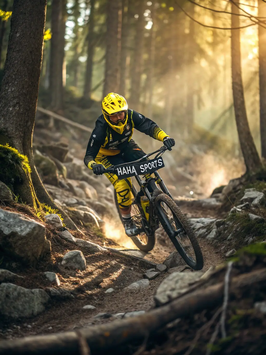 A cyclist riding on a mountain bike through a forest trail, showcasing the ruggedness and excitement of mountain biking, with E.C.O.M. branding subtly included.