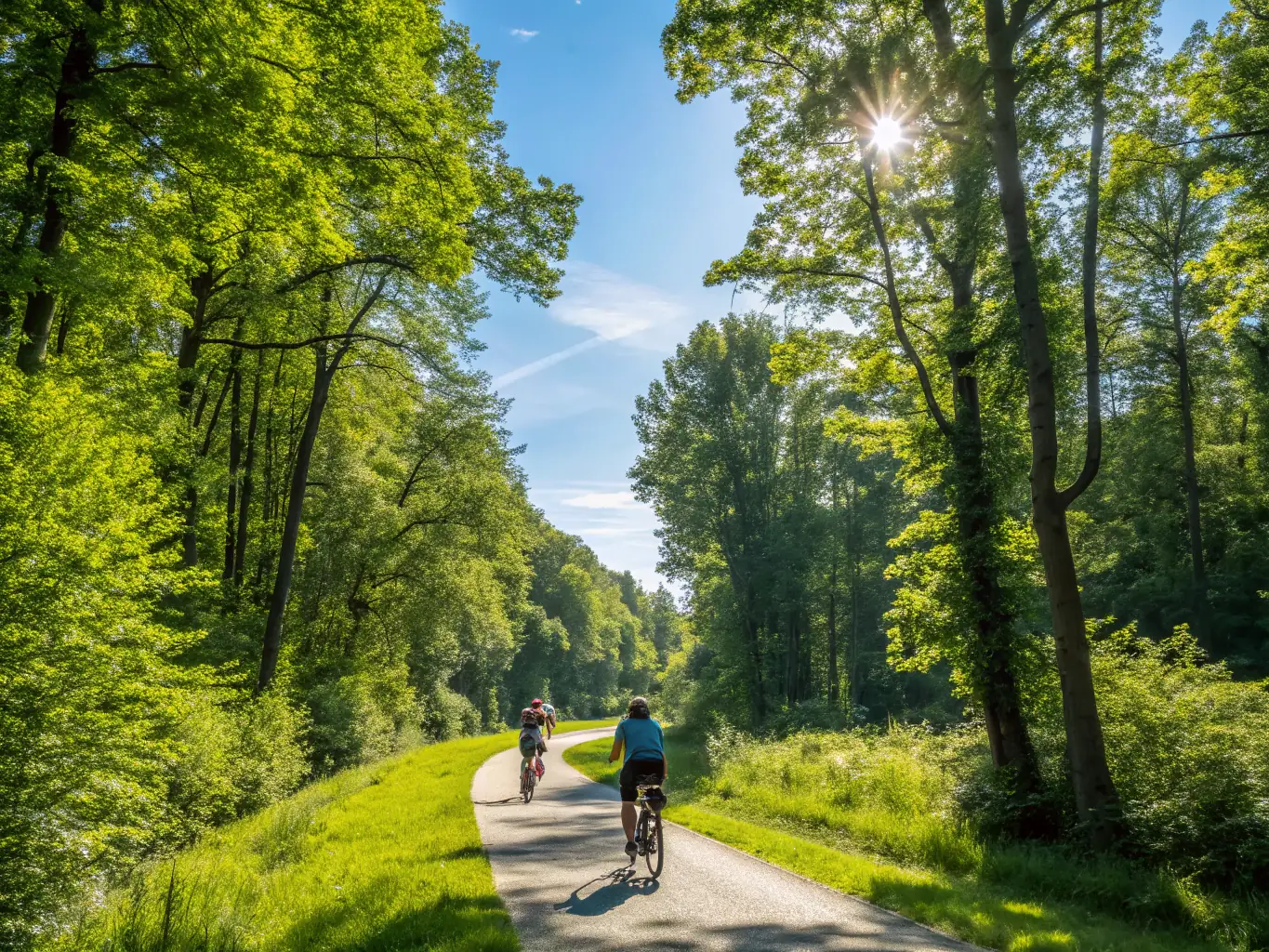 A scenic shot of cyclists riding on a gravel path through a forest, emphasizing the adventure and exploration aspects of gravel biking.