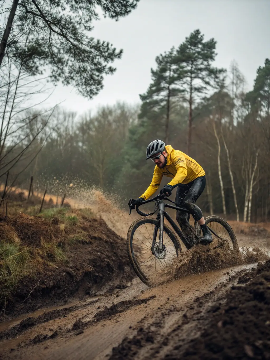 A cyclist navigating a muddy cyclo-cross course, showcasing the challenges and excitement of the sport.