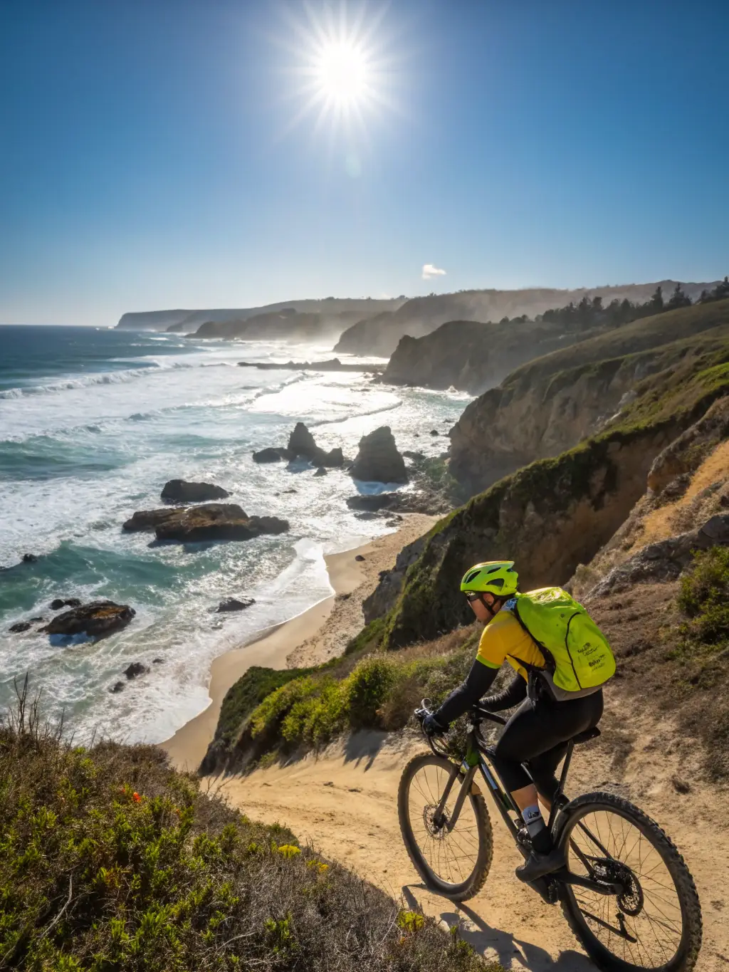 A cyclist riding on a gravel path through a scenic countryside, emphasizing the adventure and exploration aspects of gravel riding, with E.C.O.M. members enjoying the ride.