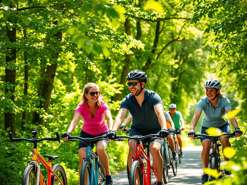 A group of cyclists of varying ages and skill levels riding together on a paved road through a lush green forest, symbolizing community and shared passion for cycling with E.C.O.M.