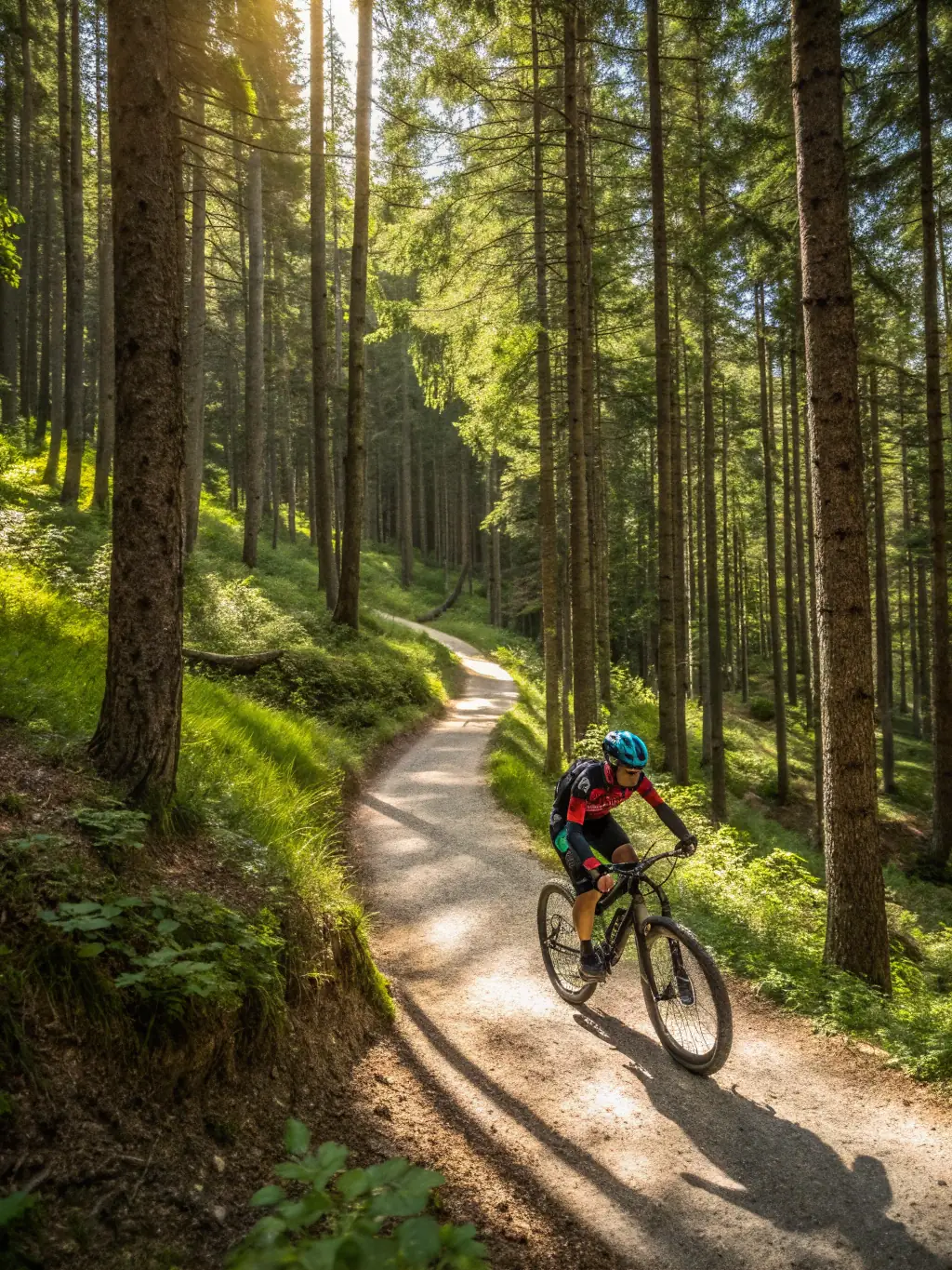 A mountain biker riding down a steep, rocky trail, highlighting the skill and excitement of mountain biking.