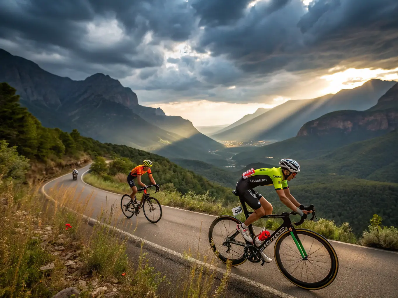 A dynamic action shot of cyclists racing on a paved road during a road cycling event organized by E.C.O.M., showcasing speed and teamwork.