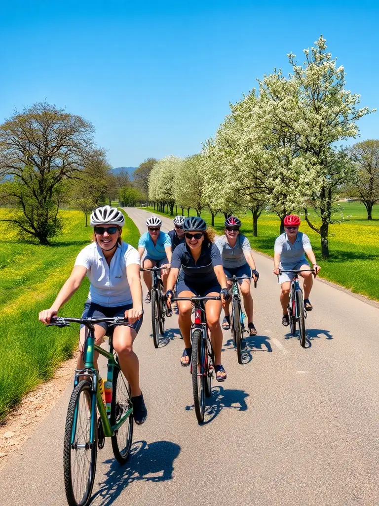 A group of cyclists participating in a road cycling training session on a sunny day, focusing on teamwork and endurance.
